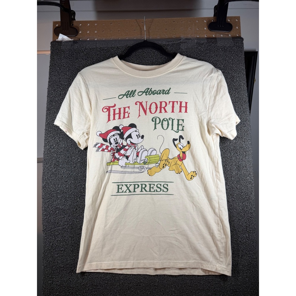 Disney T-Shirt Unisex Small Cream Mickey Minnie Pluto North Pole Express 607